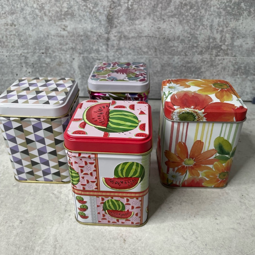 Lot/4 Decorative Watermelon & Floral Rectangle Tin Herb Tea Box Approx. 3”x4”